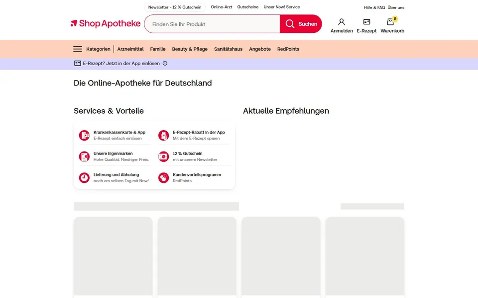 Shop Apotheke – Ansicht der Anbieter-Website