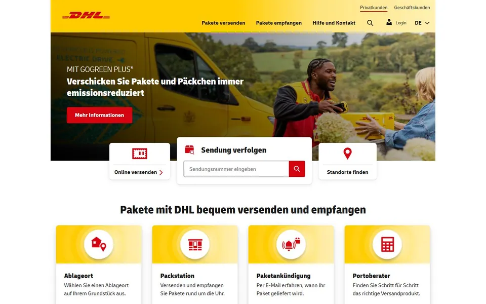 DHL – Ansicht der Anbieter-Website