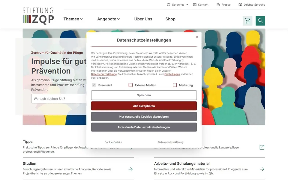 Zentrum für Qualität in der Pflege – Ansicht der Anbieter-Website