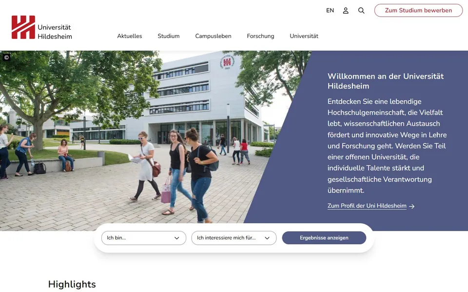 Universität Hildesheim – Ansicht der Anbieter-Website