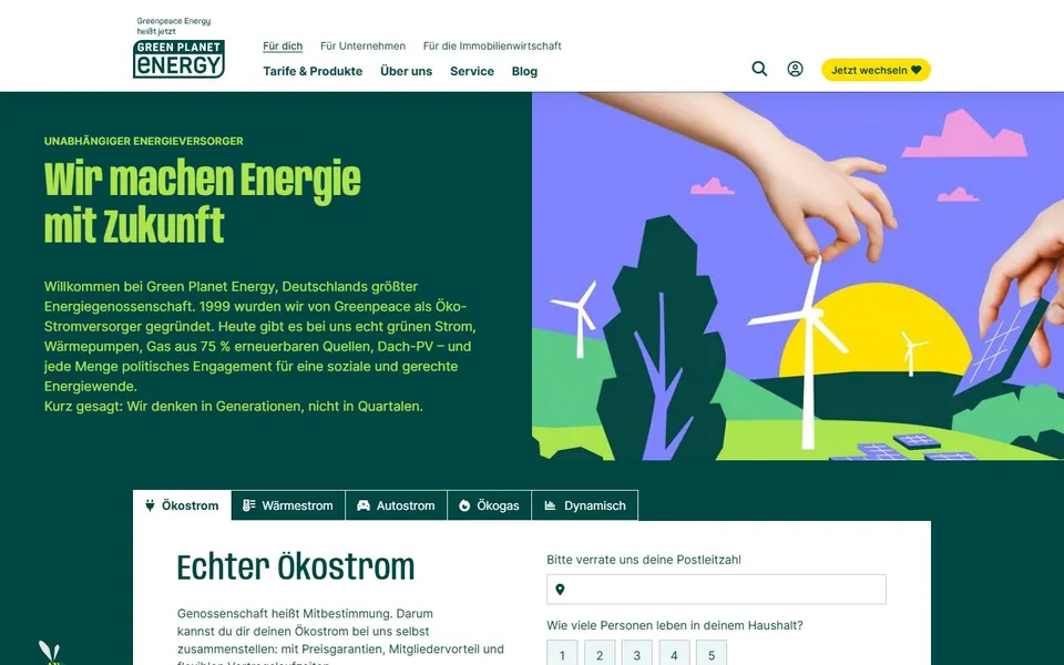 Green Planet Energy – Ansicht der Anbieter-Website