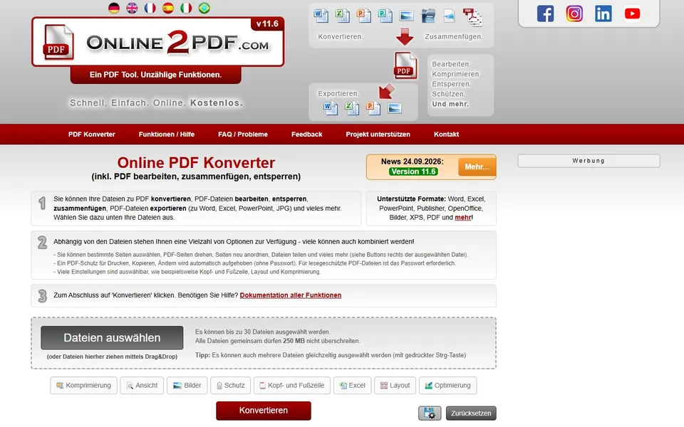 Online2PDF – Ansicht der Anbieter-Website