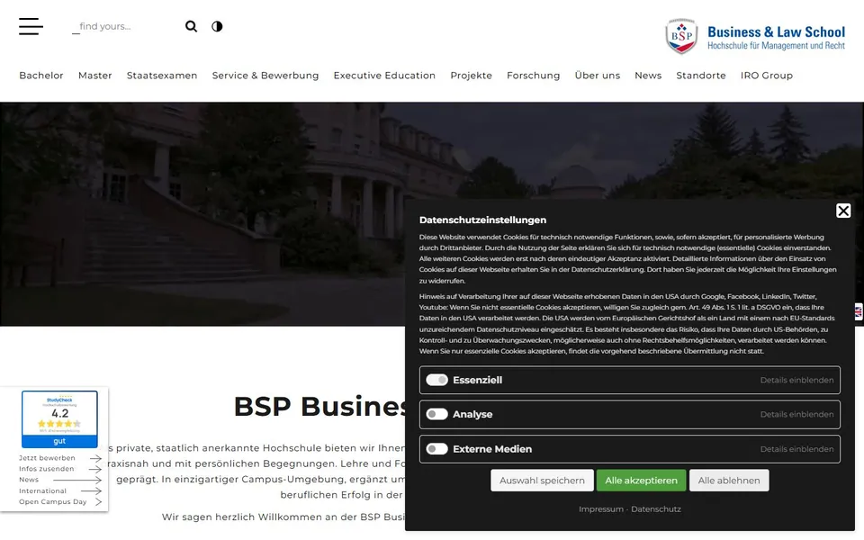 BSP Business and Law School – Hochschule für Management und Recht – Ansicht der Anbieter-Website