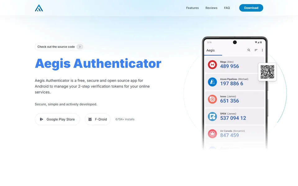 Aegis Authenticator – Ansicht der Anbieter-Website