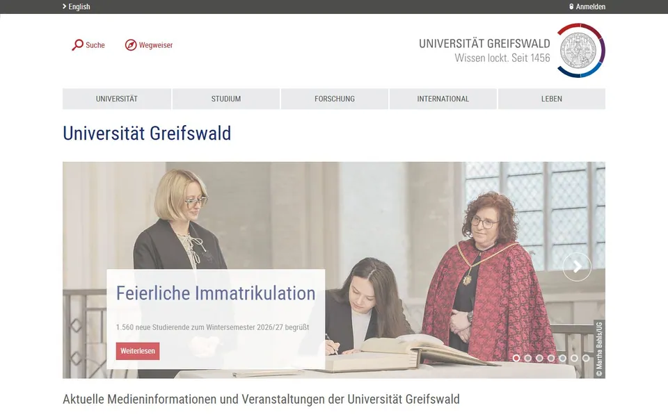 Universität Greifswald – Ansicht der Anbieter-Website
