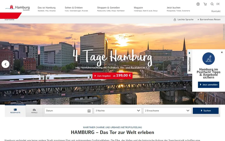 Hamburg Tourismus – Ansicht der Anbieter-Website