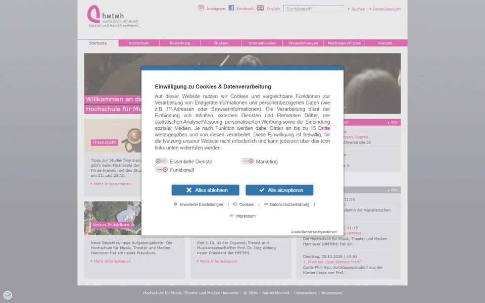 Hochschule für Musik, Theater und Medien Hannover – Ansicht der Anbieter-Website