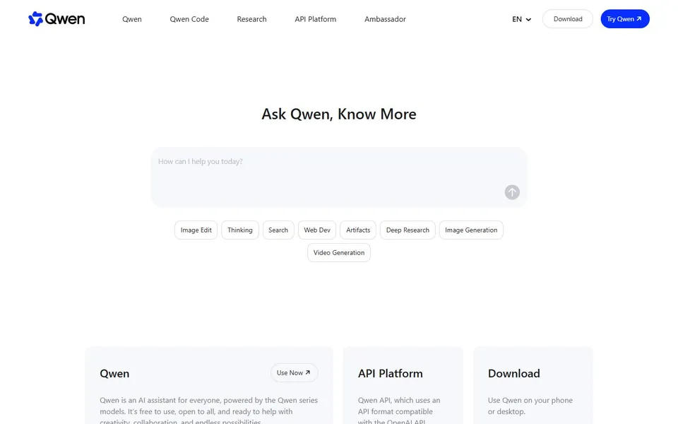 Qwen – Ansicht der Anbieter-Website