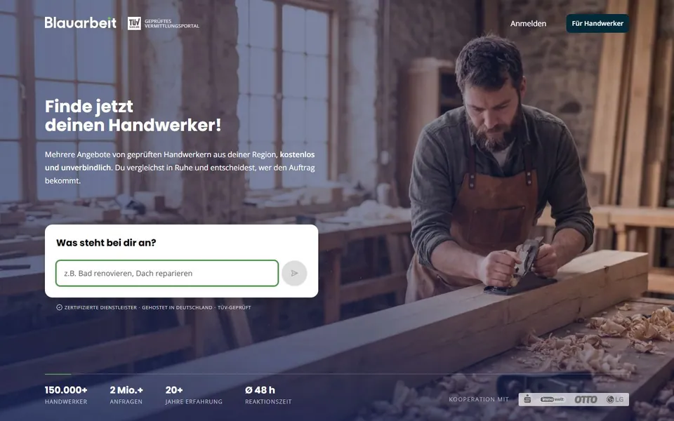 Blauarbeit – Ansicht der Anbieter-Website