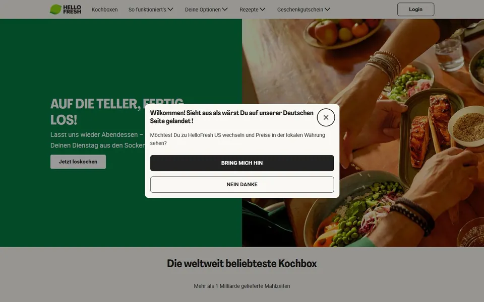 HelloFresh – Ansicht der Anbieter-Website
