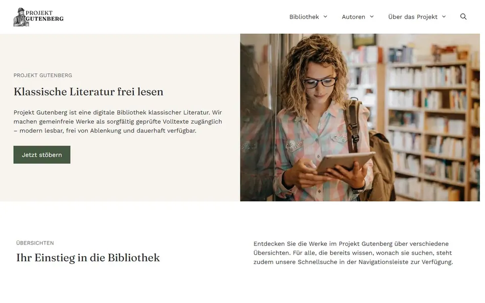 Projekt Gutenberg-DE – Ansicht der Anbieter-Website