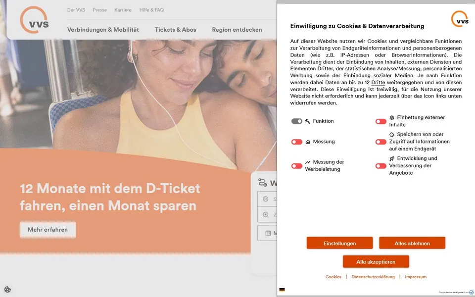 VVS – Ansicht der Anbieter-Website