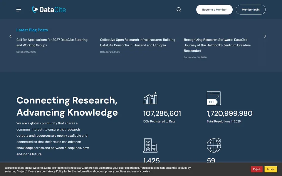 DataCite – Ansicht der Anbieter-Website