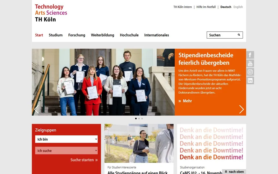 Technische Hochschule Köln – Ansicht der Anbieter-Website