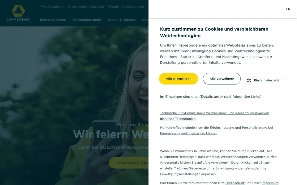 Commerzbank – Ansicht der Anbieter-Website