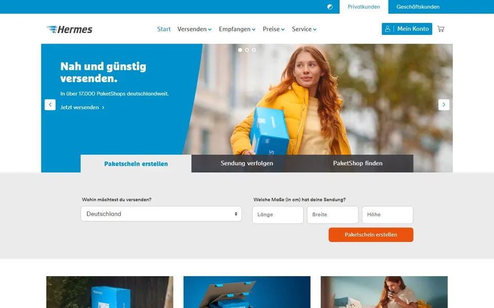 Hermes – Ansicht der Anbieter-Website