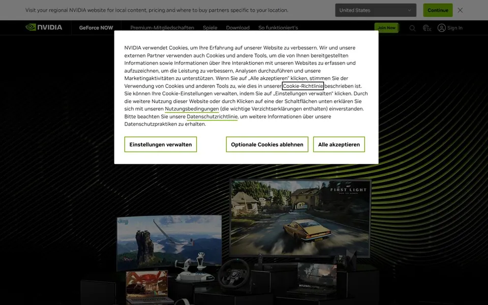 GeForce NOW – Ansicht der Anbieter-Website