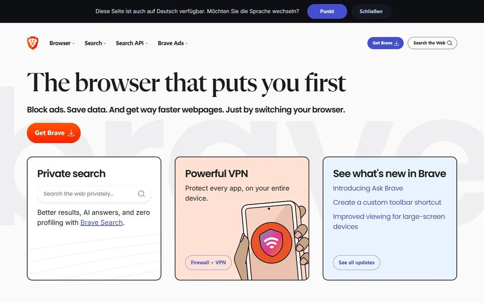 Brave – Ansicht der Anbieter-Website