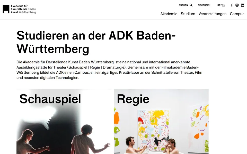 Akademie der Darstellenden Kunst Baden-Württemberg – Ansicht der Anbieter-Website