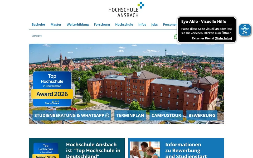 Hochschule für angewandte Wissenschaften Ansbach – Ansicht der Anbieter-Website