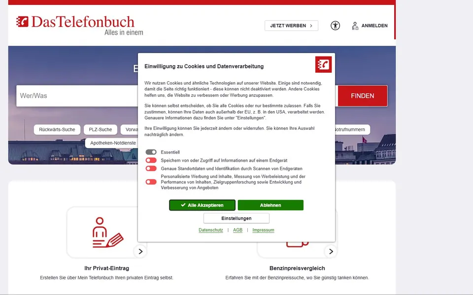 Das Telefonbuch – Ansicht der Anbieter-Website