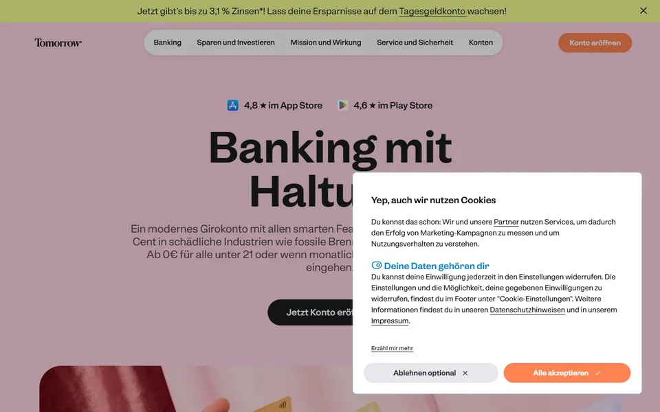 Tomorrow – Ansicht der Anbieter-Website