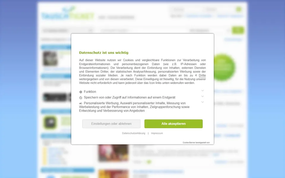 Tauschticket – Ansicht der Anbieter-Website