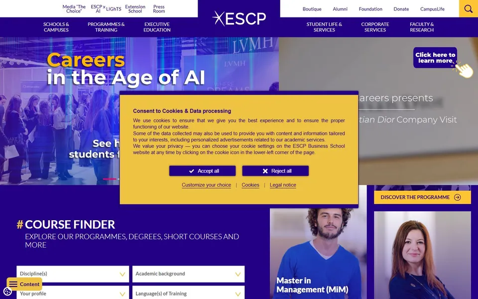 ESCP Business School – Ansicht der Anbieter-Website