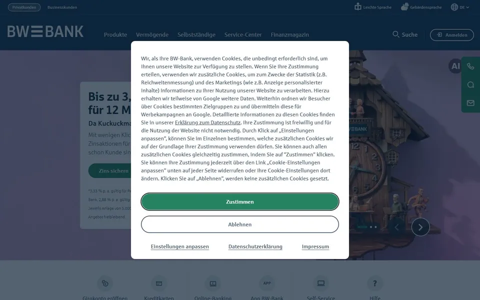 BW-Bank – Ansicht der Anbieter-Website