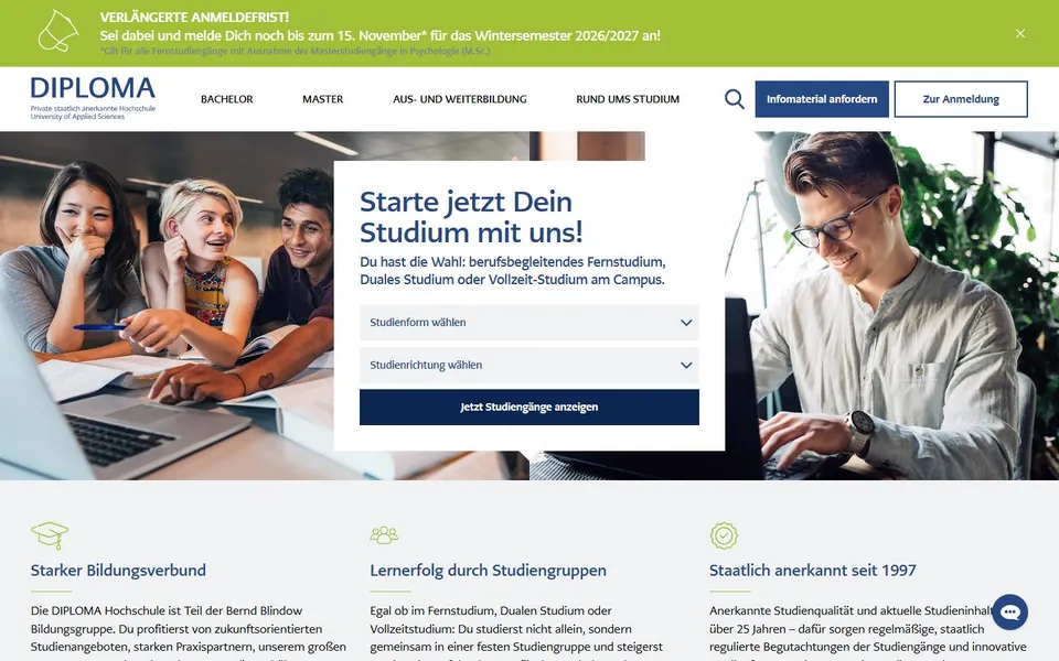 DIPLOMA Hochschule – Ansicht der Anbieter-Website