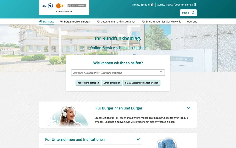 Rundfunkbeitrag – Ansicht der Anbieter-Website