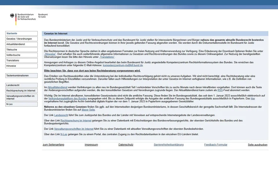 Gesetze im Internet – Ansicht der Anbieter-Website