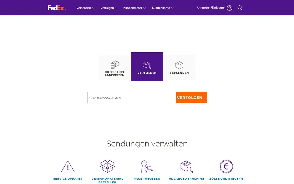 FedEx – Ansicht der Anbieter-Website