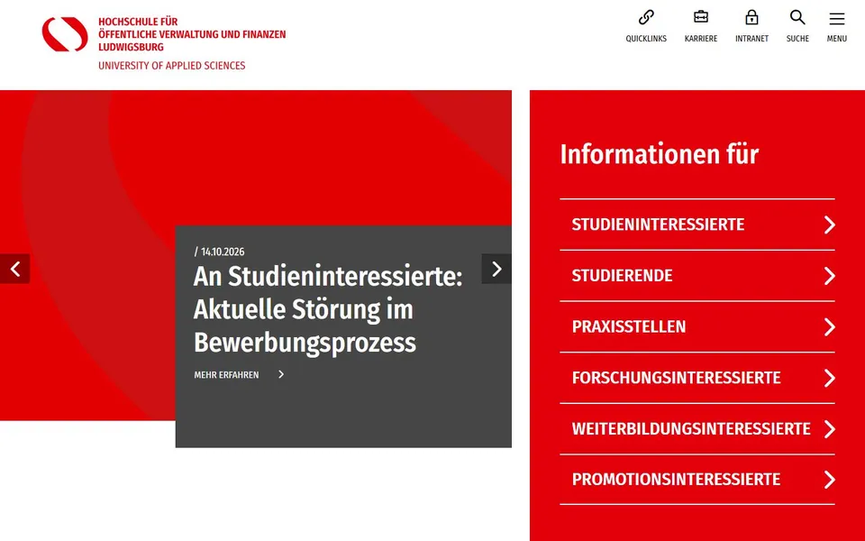 Hochschule für öffentliche Verwaltung und Finanzen Ludwigsburg – Ansicht der Anbieter-Website
