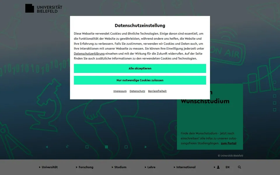 Universität Bielefeld – Ansicht der Anbieter-Website