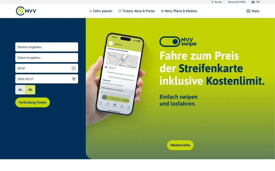 MVV – Ansicht der Anbieter-Website