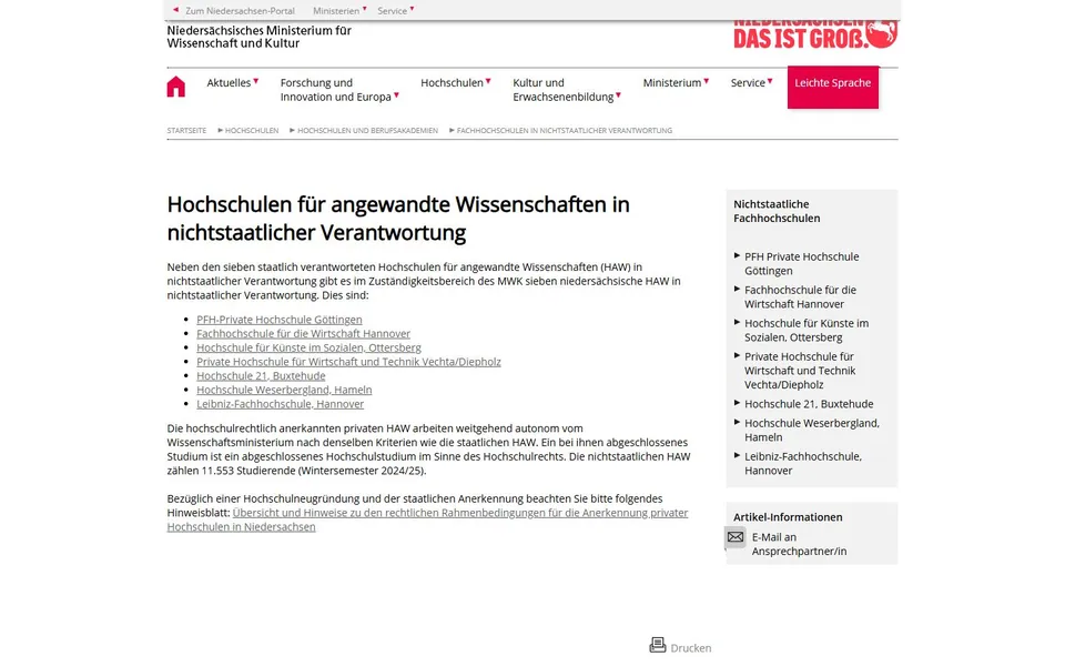 Fachhochschule für die Wirtschaft Hannover – Offizieller Eintrag zur Hochschule
