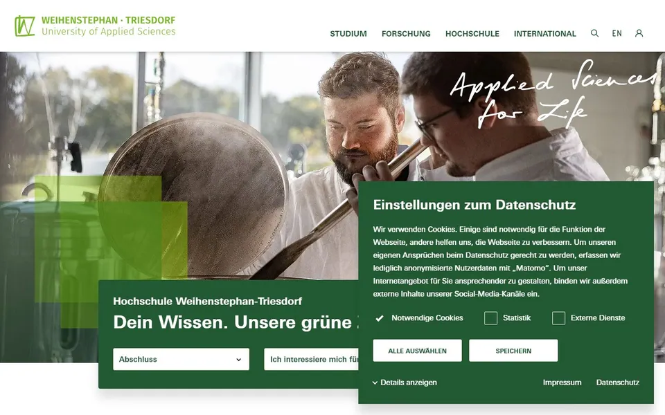 Hochschule für angewandte Wissenschaften Weihenstephan-Triesdorf – Ansicht der Anbieter-Website