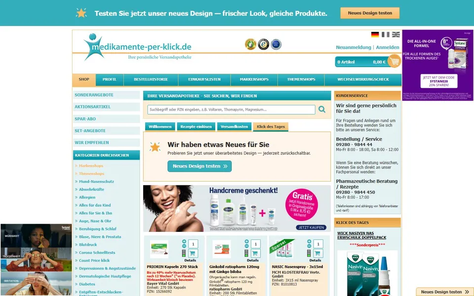 Medikamente-per-Klick – Ansicht der Anbieter-Website