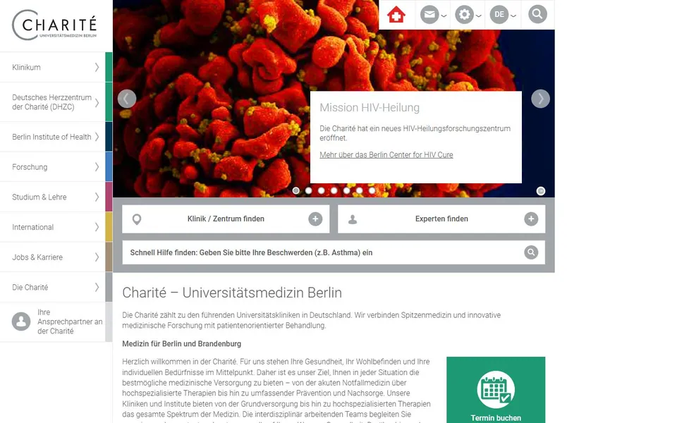 Charité – Ansicht der Anbieter-Website