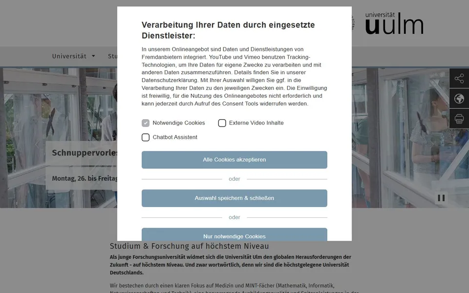Universität Ulm – Ansicht der Anbieter-Website
