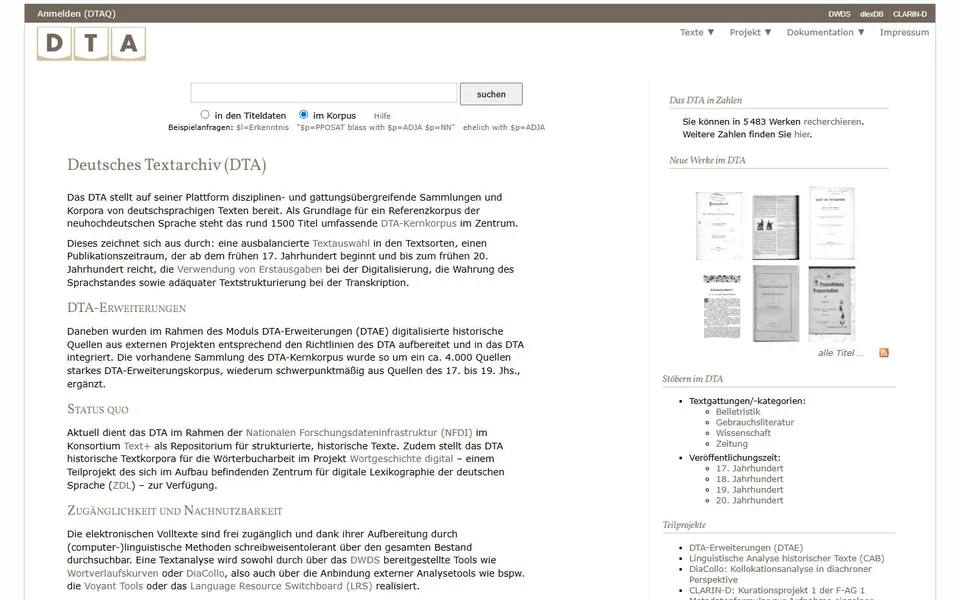 Deutsches Textarchiv – Ansicht der Anbieter-Website