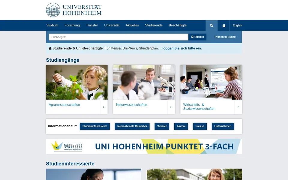 Universität Hohenheim – Ansicht der Anbieter-Website