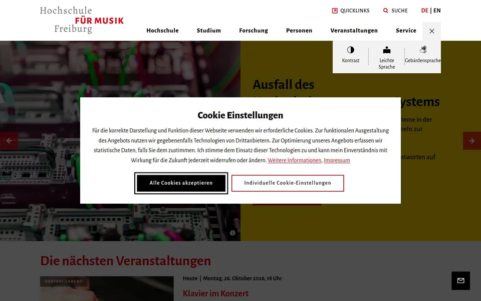 Hochschule für Musik Freiburg – Ansicht der Anbieter-Website