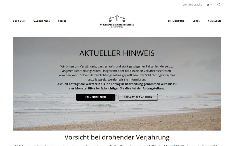 Verbraucherschlichtung – Ansicht der Anbieter-Website