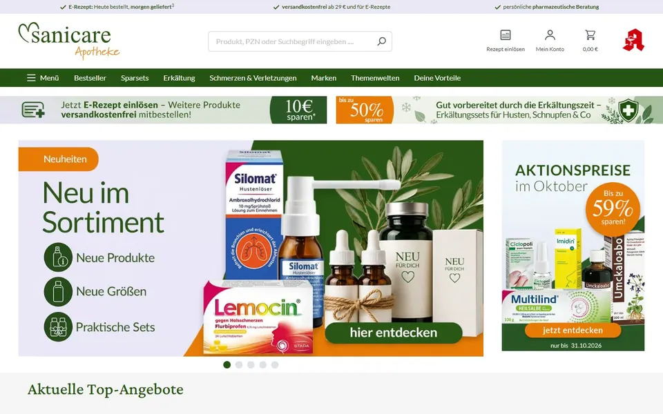 Sanicare – Ansicht der Anbieter-Website