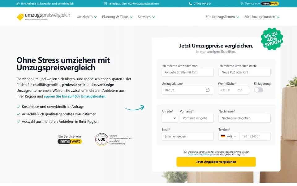 Umzugspreisvergleich – Ansicht der Anbieter-Website