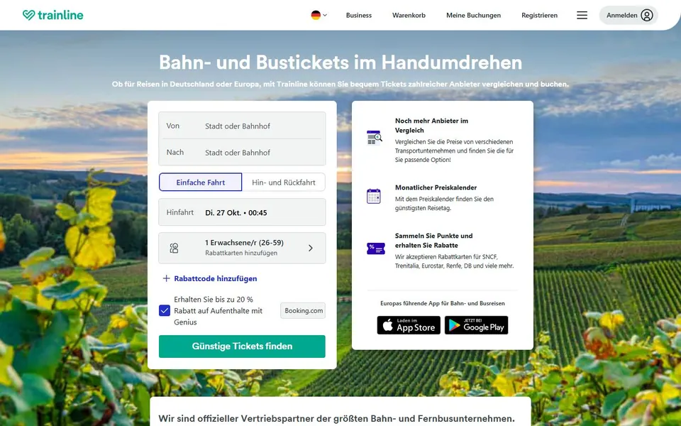 Trainline – Ansicht der Anbieter-Website