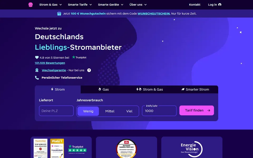 Octopus Energy – Ansicht der Anbieter-Website