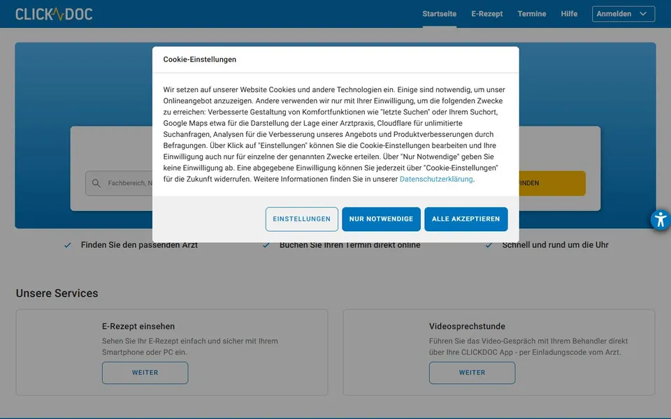 CLICKDOC – Ansicht der Anbieter-Website